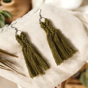 NEW Macrame Handmade Boho Fringe Statement  Dangle Earrings Olive Green